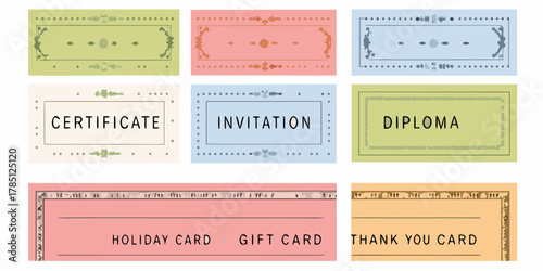Collection of decorative certificates invitations diplomas gift cards and holiday thank you cards with borders