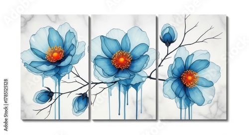 Fototapeta Naklejka Na Ścianę i Meble -  Delicate watercolor blue flowers with orange centers on a triptych canvas art