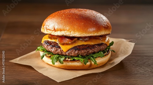 Plant-based burger delight rustic setting food photography natural light top-down angle fresh garnish