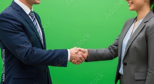 Confident business partners sealing a deal with a firm handshake against a vibrant green background