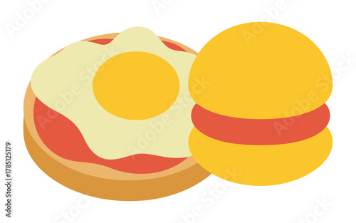 A fried egg on toast sits next to a hamburger on a white background.
