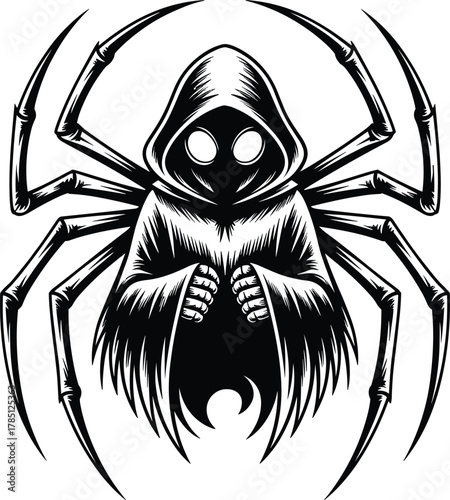 Grim reaper spider illustration, dark gothic vector design, creepy insect artwork, horror tattoo concept, black and white fantasy creature art.