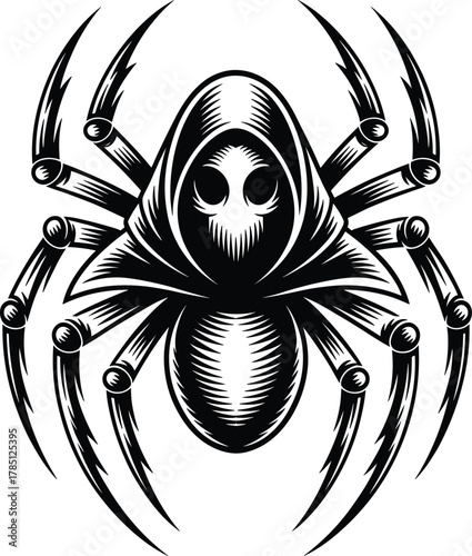 Grim reaper spider illustration, gothic black and white design, creepy insect art, dark fantasy tattoo style, horror creature concept vector.