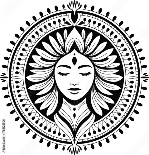 Mandala face illustration, black and white vector, spiritual symmetry, serene expression, petal design, geometric pattern, meditative art concept
