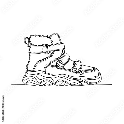 Unty footwear with fur and straps Winter clothing and footwear Outline / Minimal Linear Vector