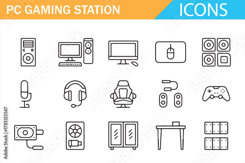 PC gaming station icons set in outline style showing computer setup elements including desktop, monitor, controller, gaming chair, headset, and accessories for gamers and tech enthusiasts vector illus