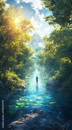 Exploring a vivid stream of images amidst lush greenery beautiful nature scene serene environment dreamlike viewpoint