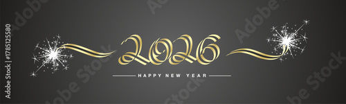 Happy New Year 2026 triple ribbon shape handwritten classic calligraphy number design sparkle firework for 2026 gold black background banner