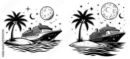 Cruise ship sailing near a tropical island with palm trees under a full moon