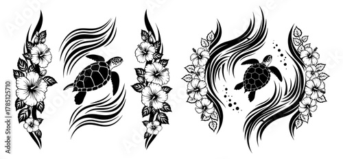 Sea turtle swimming among hibiscus flowers and stylized waves