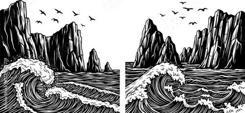 Dramatic seascape with rocky cliffs and crashing waves under a flock of birds