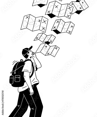 Man with backpack blowing maps, symbolizing travel, exploration, and the pursuit of new destinations