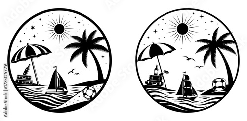 Tropical beach scene in circle, symbolizing summer vacation, relaxation, and the beauty of nature