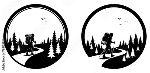 Hiker silhouette on a winding path through a forest, adventure and outdoor recreation concept