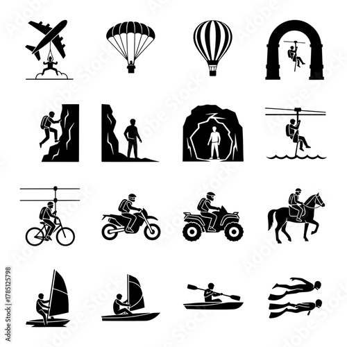 Adrenalinepumping outdoor adventure icons showcasing extreme sports and thrilling activities