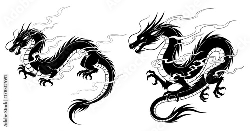 Two majestic dragon illustrations with smoke, embodying power and mystique