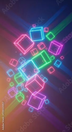 Dynamic neon cube design with vibrant colors creating a modern abstract background for tech