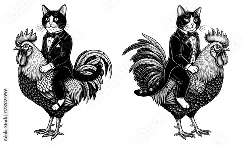 Whimsical ink drawing featuring a tuxedo cat riding a rooster, creating a humorous and vintageinspired animal illustration