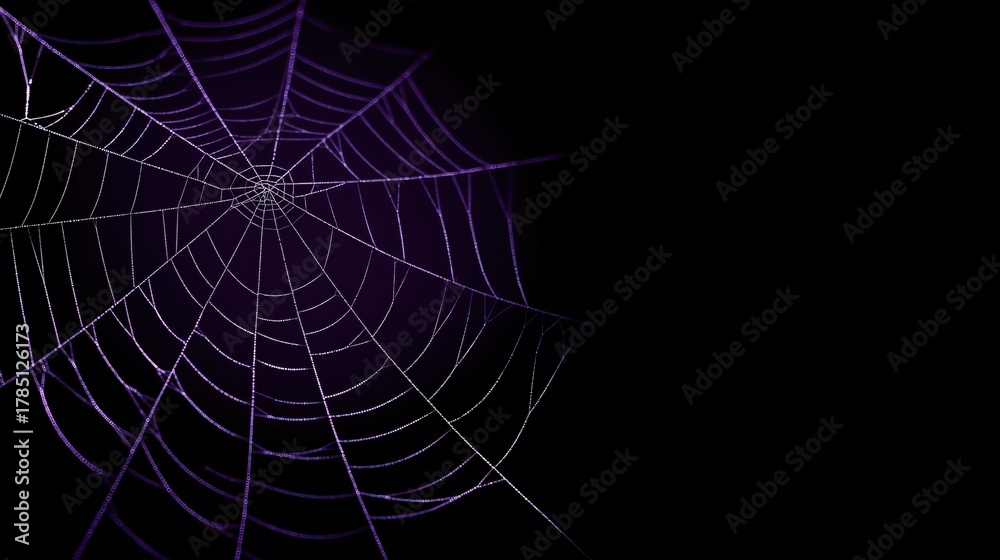 Naklejka premium Minimal clean purple spider web on solid black background, geometric abstract design symbolizing connection and structure. 