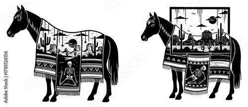 Two horses with desert scene and skeleton blanket, a unique and captivating illustration