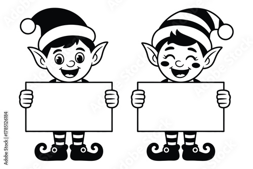 Two happy elves wearing hats and holding blank signs, ready for messages.
