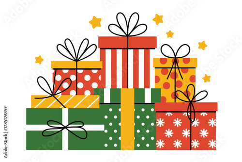 A festive pile of colorful gift boxes decorated with bows and stars for the holidays.