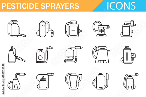 Pesticide sprayer icons set in outline style showing various agricultural spraying equipment, garden tools, and pest control devices for farm, greenhouse, and horticulture vector illustration