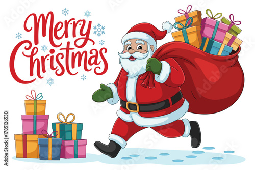 Santa Claus hurries along with his sack full of presents, wishing everyone a Merry Christmas.