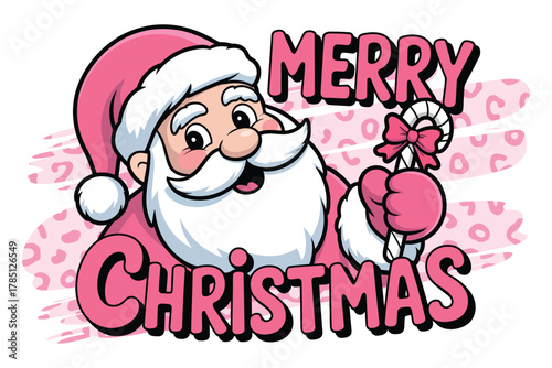 A pink cartoon Santa Claus wishes everyone a Merry Christmas with a candy cane.