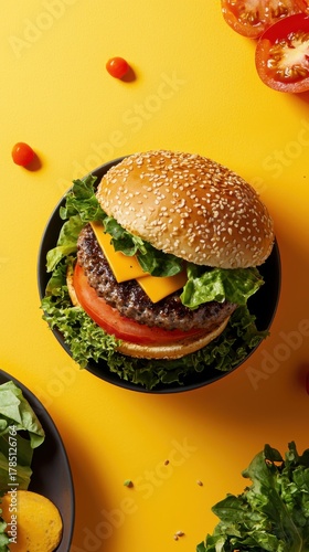 Vibrant vegan burger set-up kitchen food photography colorful environment top view healthy lifestyle