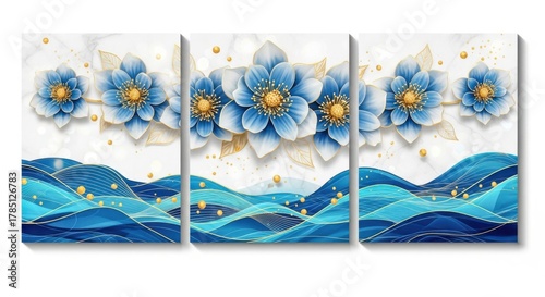 Abstract blue floral waves triptych wall art with golden accents and textured background