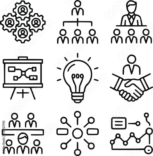 Business Organization and Management Outline Icons – Gear Settings, Team Structure, and Corporate Leadership