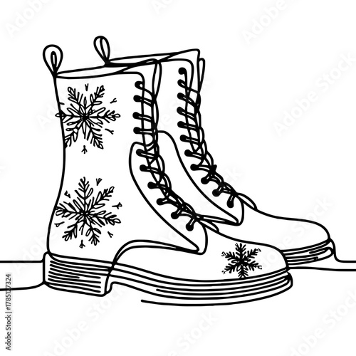 Lace-up boots with snowflake Winter clothing and footwear Outline / Minimal Linear Vector