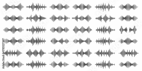 Collection of diverse black sound wave patterns on a white background representing audio signals