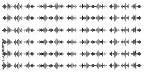 Collection of abstract black and white sound wave patterns and audio visualizations