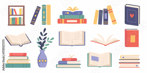 Collection of illustrated books open and closed stacked on shelves and vases with plants