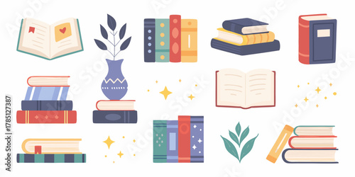 A delightful collection of illustrated books and decorative elements for reading and learning