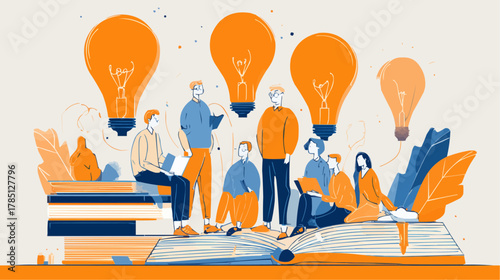 Flat vector of students and teachers sharing ideas around books and light bulbs, symbolizing education, learning and creativity. Bold lines, solid color palette, clean composition.
