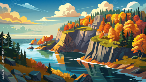 Very beautiful panoramic view of Minnesota’s North Shore along Lake Superior, showcasing brilliant fall colors, rugged shoreline, forested cliffs, and a realistic vibrant autumn landscape under clear 