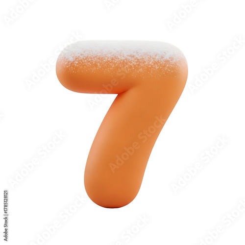 A stylized, orange number seven with a dusting of white snow on top, isolated.