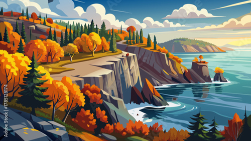 Very beautiful panoramic view of Minnesota’s North Shore along Lake Superior, showcasing brilliant fall colors, rugged shoreline, forested cliffs, and a realistic vibrant autumn landscape under clear 