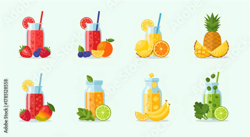 Collection of eight colorful fruit juices and smoothies in glasses and bottles, healthy drinks