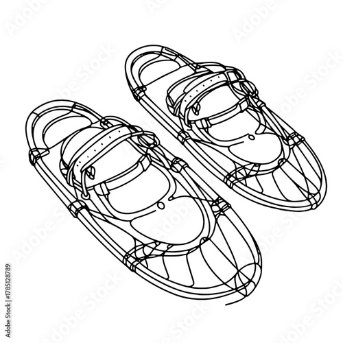 Snowshoes are a pair of oval-shaped outlines with straps Winter clothing and footwear Outline / Minimal Linear Vector