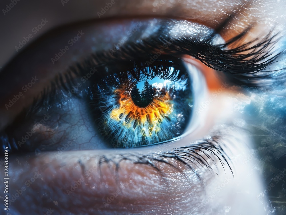 Fototapeta premium Captivating closeup of a human eye with vivid rainbow colors nature setting macro photography artistic perspective