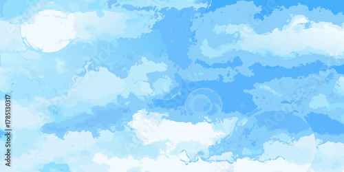 Abstract watercolor sky with fluffy clouds and ethereal glowing orbs in soft blue and white tones