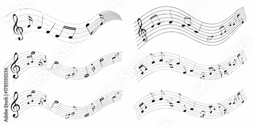 Collection of six wavy musical staffs with black notes and treble clefs on a white background