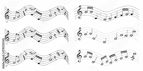 Abstract musical notation with treble clefs and notes on a wavy staff