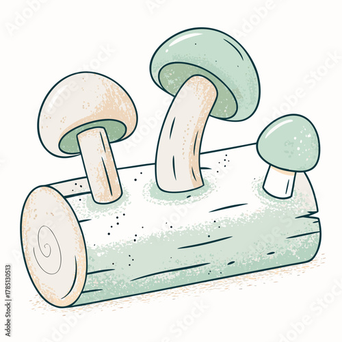 Three green mushrooms growing on a log with a textured surface  