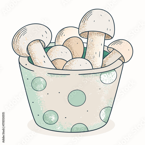 Fresh mushrooms in polka dot bowl on light background  