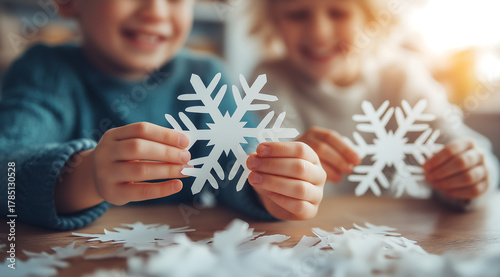 Happy children crafting paper snowflakes for winter holidays at home